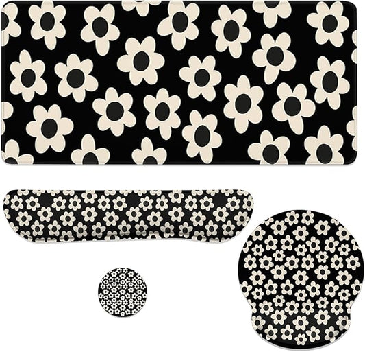 Flowers Mouse Pad Set Minimalist Retro Daisy Gaming Mousepad 4in1 Desk Mat for Desktop Wrist Support Cup Coaster Set Ergonomic Computer Desk Arm Wrist for Decor Home Office
