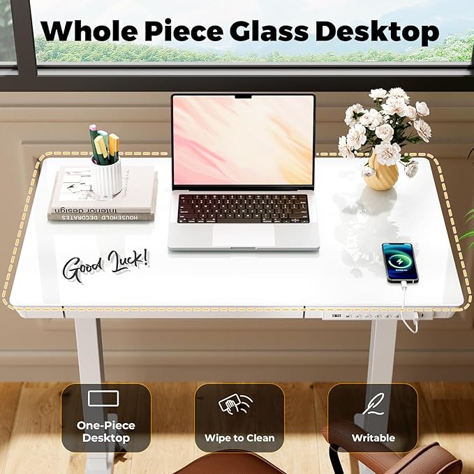Glass Small Standing Desk with Drawer, 31.5" x 20" Whole Piece Electric Sit Stand Table, Height Adjustable Desk with Storage & USB Ports, Quick Install Home Office Computer Desk, White