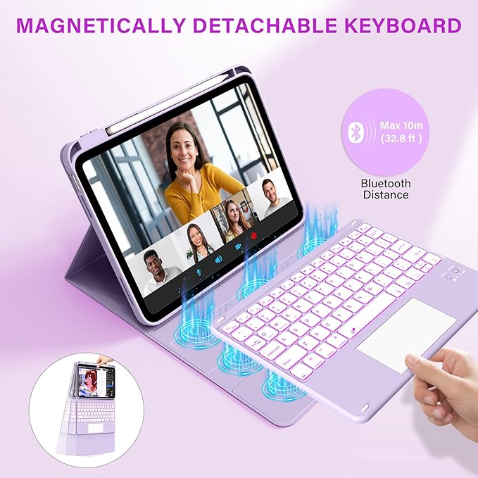 for iPad A16 11th 10th Case with Keyboard: Backlit Keyboard Case with Trackpad & Pencil Holder, Magnetic Detachable for Students Daily Learning & Note-Taking, Taro Purple
