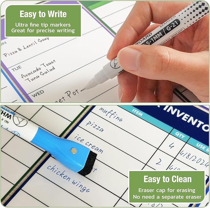 Magnetic White Board for Fridge - Dry Erase Meal Planner for Refrigerator - Weekly Menu Board, Grocery List, Memo Pad, Fridge and Freezer Inventory List - Kitchen Whiteboard with 4 Markers - 4" x 10"