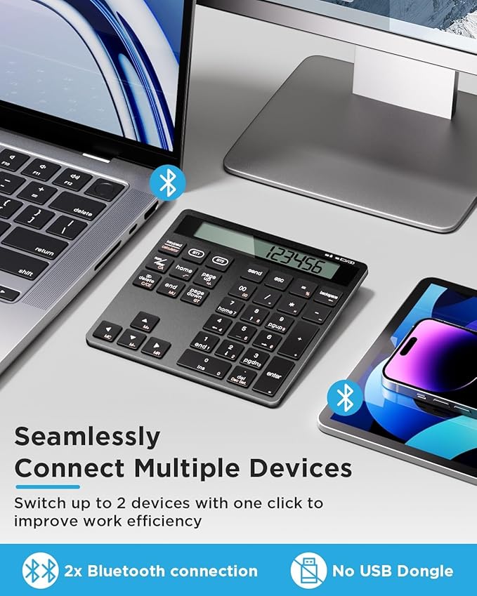 HoRiMe Number Pad for Laptop - Rechargeable Wireless Number Keypad 34 Keys with Dual Bluetooth, 2 in 1 Numeric Keypad Calculator with Display - Portable Slim Numpad for Windows, Mac, iMac, PC, Tablet