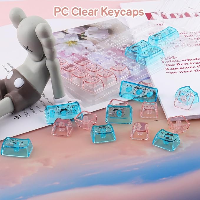 26 Keys Crystal Jelly Personalized Keycaps, PC Material Cute Blue Pink Kawaii Transparent Custom Keycaps, Mao Profile Keycap for DIY MX Swithes Mechanical Keyboards