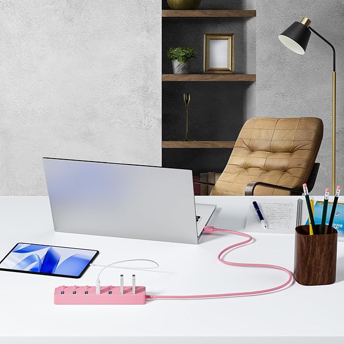 USB Hub 3.0, 7-Port USB Hub Splitter with Individual On/Off Switches and Lights, 3.2ft/1m Long Cable Compatible with MacBook, Laptop, Surface Pro, PS4, PC, Flash Drive, Mobile HDD-Pink