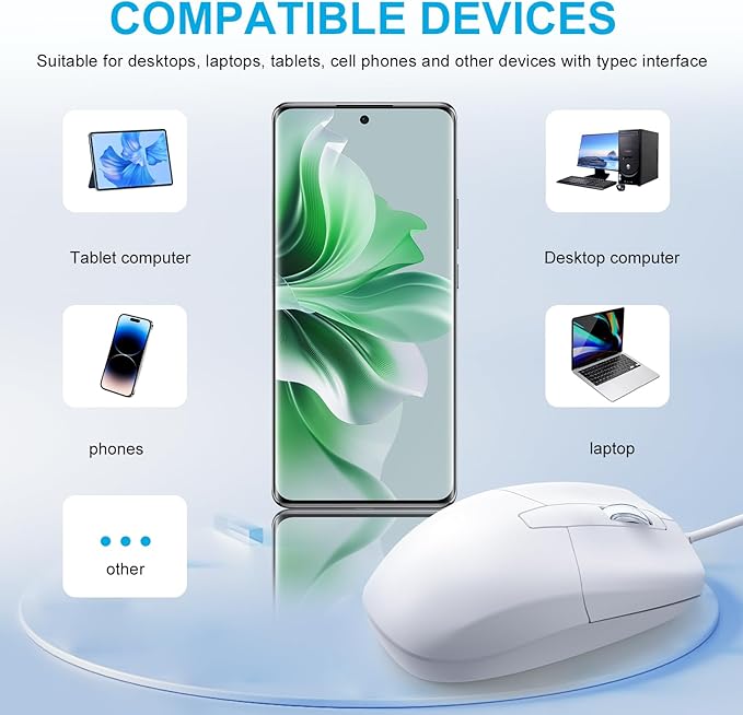 USB C Wired Mouse, Type C Optical Mouse, Portable Silent Comfortable, for Laptop, Mac, MacBook, Android, PC, White