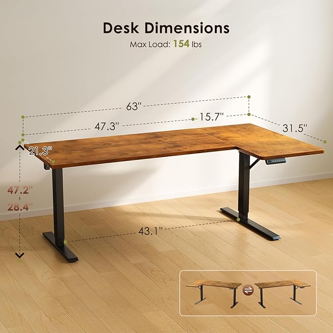 OffiGo Electric L Shaped Standing Desk, 63 Inches Height Adjustable Table, Reversiable Corner Stand Up Desk, Lifting Computer Table for Home Office, Computer Workstation, Rustic Brown