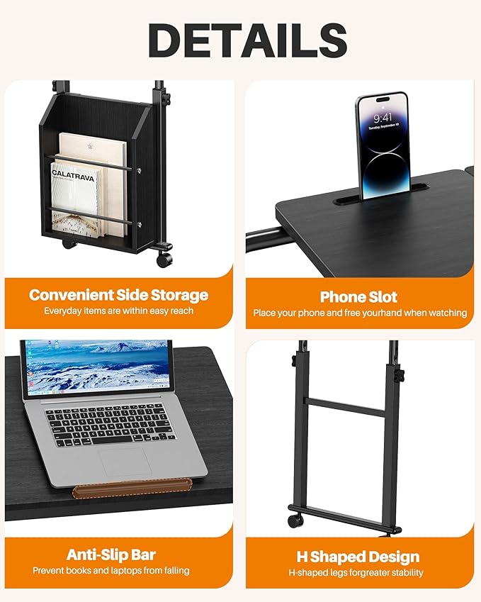 Laptop Desk for Bed,6-Angle Adjustable Overbed Table with Wheels,Adjustable Height and Length Bed Table for Laptop with Side Bookshelf,Standing Desk,Over Bed Desk for Working Hospital Home (Black)
