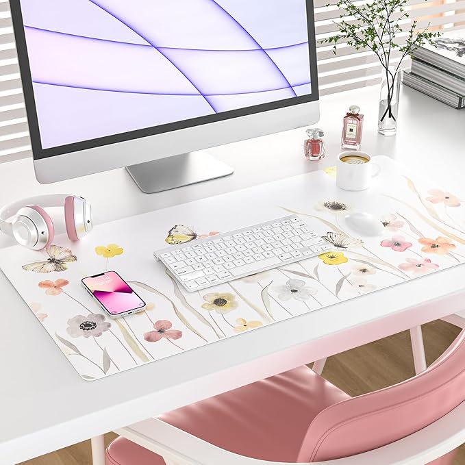 Colorful Star Large Mouse Pad, Watercolor Floral Desk Mat Office Supplies, Waterproof PU Leather Gaming Mousepad for Women Girls, Butterflies Desk Pad Home Office Décor Accessories 31.5" x 15.7"