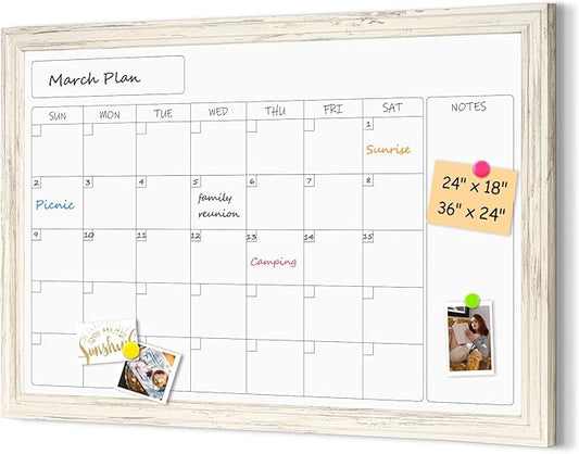 4 THOUGHT Whiteboard Calendar 24" x 18" Magnetic Dry Erase Board Wood Frame Wall-Mounted Monthly Planner White Board Decorative Notice Board for Office School Home, White Vintage
