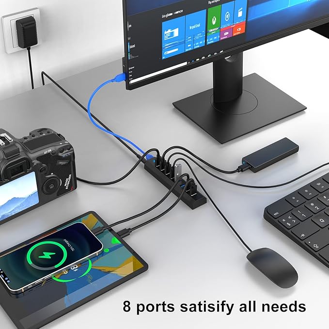 RAOYI Powered USB 3.0 Hub, 8 Ports High Speed USB 3.0 Hub Splitter with 36W Power Adapter, 3.3ft Cable and Smart Fast Charger USB Hub for Laptop, PC, Mobile HDD, Mulitple Devices (Black)