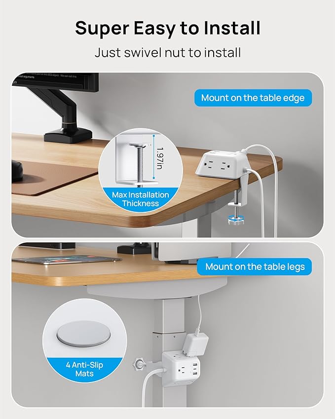 Desk Clamp Power Strip, Surge Protector with 5 AC Outlets and 3 USB Ports, Desk Mount Charging Station, Fit 1.97in Tabletop Edge Thick, 6FT Extension Cord, for Home Office Gaming Accessories, White
