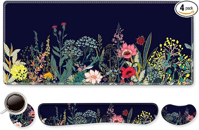 DINKY Keyboard Mouse Pad Set, Large Gaming Mousepad + Memory Foam Ergonomic Keyboard Wrist Rest Support, Easy Typing Pain Relief, 4Pcs (35.4" x 15.7") Extended Desk Mat-Flower Weed