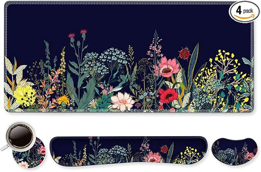 DINKY Keyboard Mouse Pad Set, Large Gaming Mousepad + Memory Foam Ergonomic Keyboard Wrist Rest Support, Easy Typing Pain Relief, 4Pcs (35.4" x 15.7") Extended Desk Mat-Flower Weed