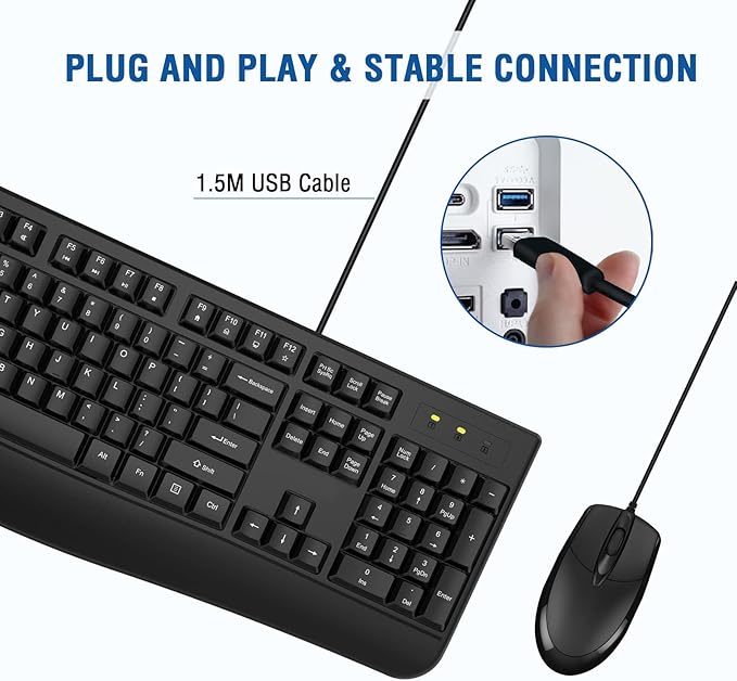 Wired Keyboard and Mouse Combo, EDJO Full-Sized Ergonomic Computer Keyboard with Palm Rest and Optical Wired Mouse for Windows, Mac OS Desktop/Laptop/PC