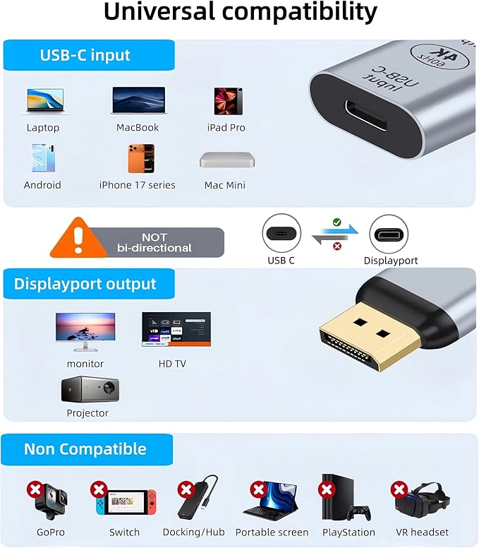 USB C to DisplayPort Adapter with USB Video Cable, 4K@60Hz Uni-Directional USB C Female to DP Male Adapter, Thunderbolt 4/3 to DP Converter Compatible with i-/Phone 17, Galaxy, MacBok Pro- 1 Pack