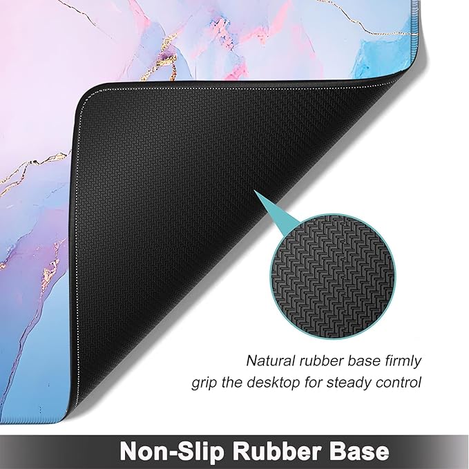 Large Mouse pad and Keyboard Support Set, Ergonomic Memory Foam Keyboard Wrist Rest, Extended Gaming Mouse Pad with Stitched Edges, Blue Pink Marble XXL Desk Mat (31.5 X 11.8 in)