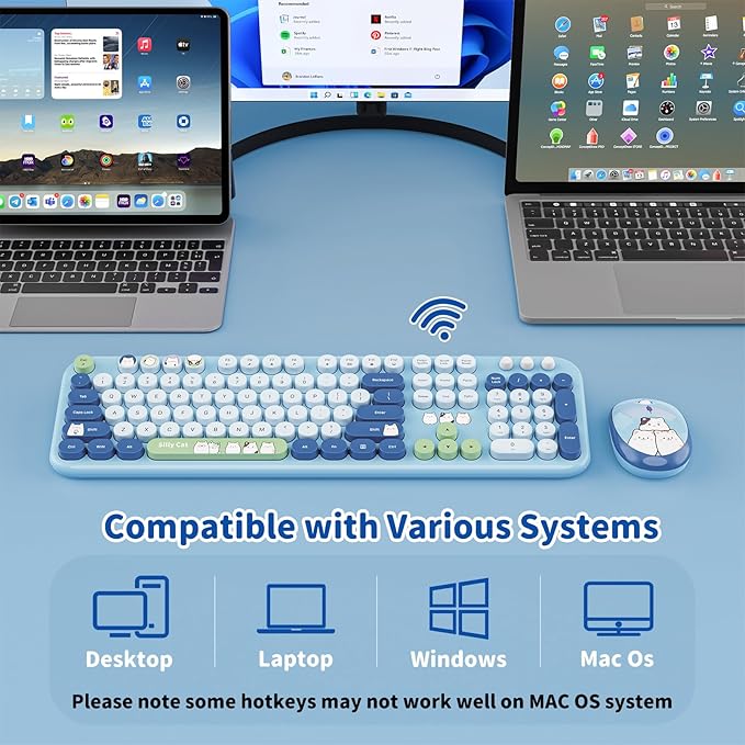 Wireless Keyboard and Mouse Combo, 2.4GHZ Typewriter Retro Full Size Keyboards, Cute Colorful Computer Keyboard and Wireless Mouse for Laptop/Desktop/Windows/PC (Blue Colorful)