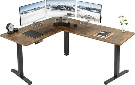 VIVO Corner Standing Desk, 63 x 55 inch Reversible L-Shaped Workstation, Electric Height Adjustment, Home, Office, and Reception Rooms, Rustic Vintage Brown Table Top Black Frame, DESK-E3CTN