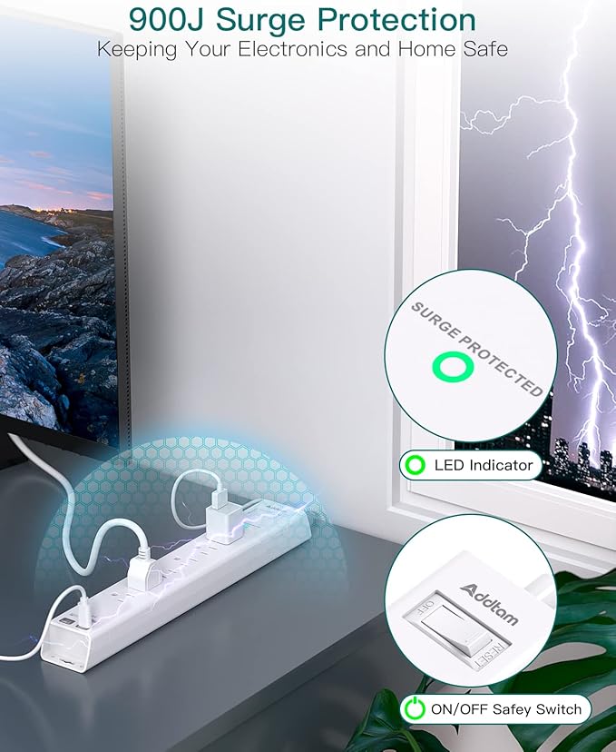 20ft Extension Cord - Flat Power Strip Surge Protector with 6 AC Outlets 4 USB (2 USB C), Wall Mount, 900 J, Multi Plug Outlet Extender for Home Office Dorm Room Essentials