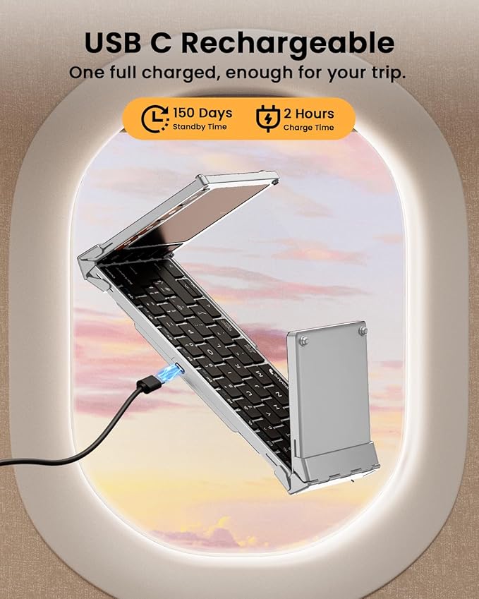 ProtoArc Foldable Keyboard with Touchpad, XK01 TP Folding Portable Keyboard, Full Size Keys, Large Trackpad Bluetooth Travel Keyboards for Laptop PC Tablet - Black Silver