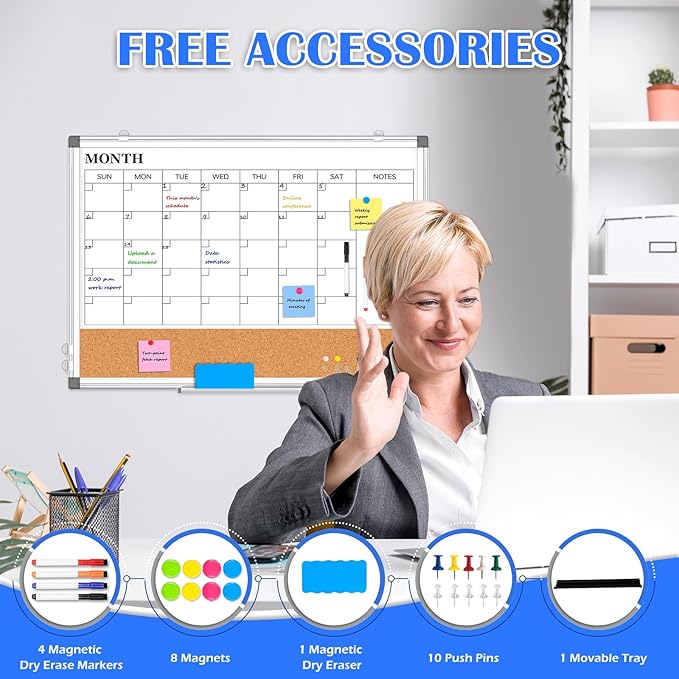 Monthly Calendar Whiteboard Dry Erase Cork Board Combo for Wall, 36" x 24" Magnetic Double-Sided Calendar White Board and Bulletin Board, Portable Board for Office, Kitchen, School, Home