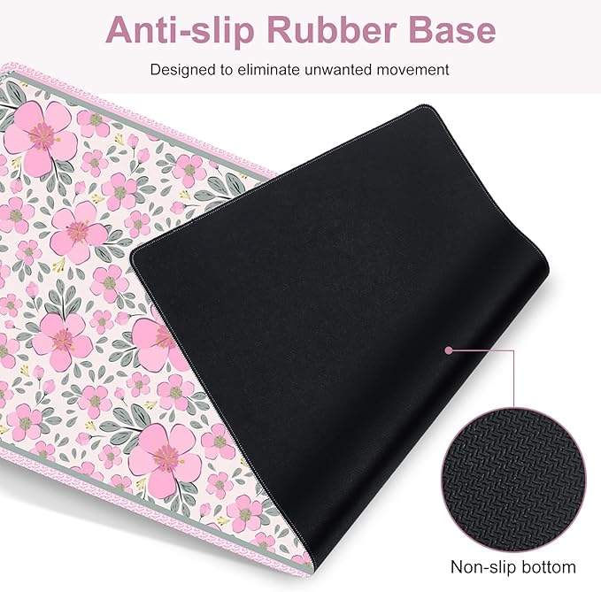 Floral Desk Mat, 4in1 Large Mouse Pad with Wrist Rest, Cute Desk Matt for Desktop, Deskpad Mat, Anti-Slip XXL Computer Ergonomic Mousepad with Wrist Support for Keyboard and Mouse I Pink Flowers