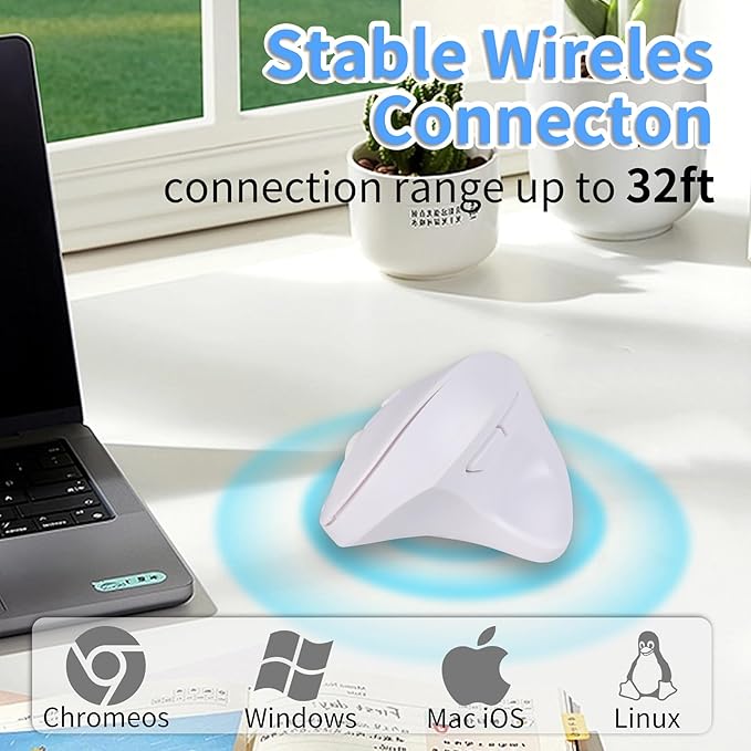 Wireless Silent Ergonomic Vertical Mouse - Dual Mode 2.4G/Bluetooth, Rechargeable Type C, Pain Relief for Office and Home Use, Compatible with Laptop & PC (White)