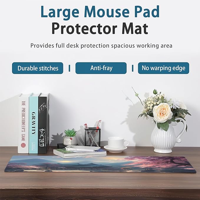 Desk Mat, Spring Cherry Blossoms Extended Gaming Mouse Pad Large, Fantastic Shrine Desk Mat with Non-Slip Base and Stitched Edge, Long Computer Keyboard Mouse Mat for Home Office Work 31.5"x11.8"