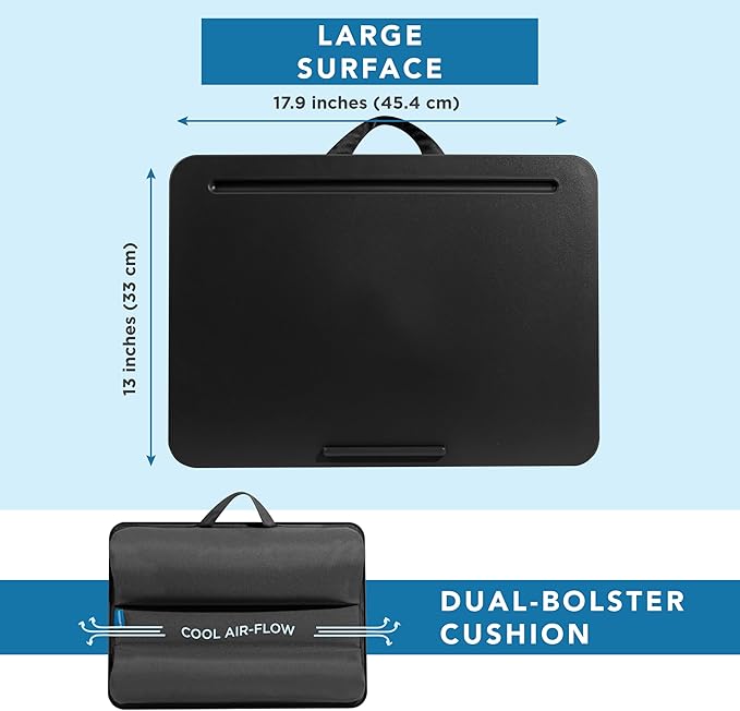 LAPGEAR Original Lap Desk – Large (17.9” x 13”) | Fits Up to 17.3” Laptops | Cushioned with Device Ledge, Pencil Tray & Handle | Portable & Lightweight | Black – Style No. 45148
