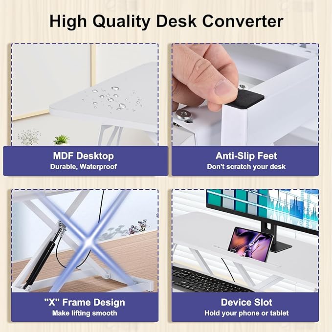 38-Inch Height Adjustable Standing Desk Converter, Duals Monitor & Laptop Riser with Wide Keyboard Tray, Sit to Stand Ergonomic Workstation for Home Office, School, Business, White