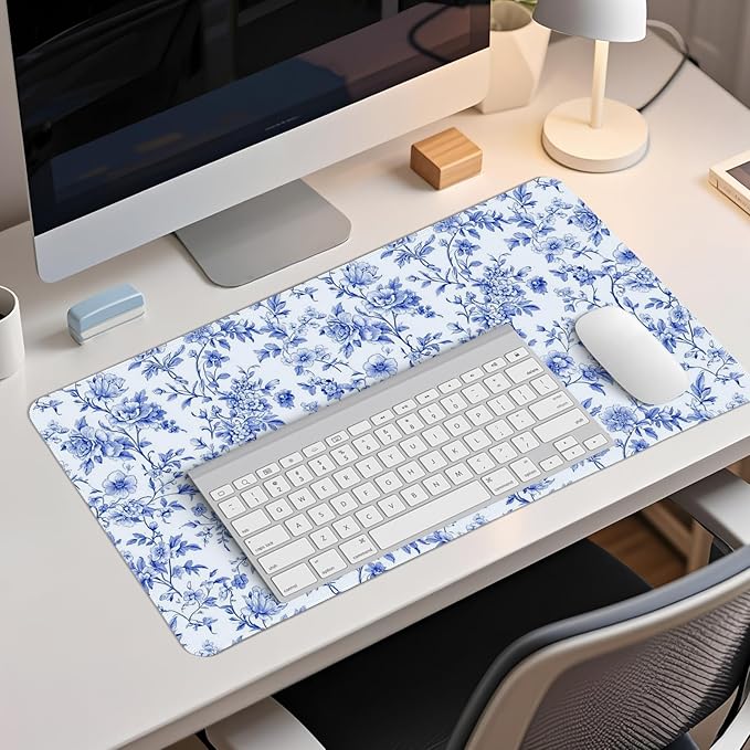 Light Blue Chinoiserie Mouse Pad,Vintage Blue And White Floral Desk Mat,XL Large Vintage Floral Preppy Mouse Pad,Girly Gaming Mousepad,Girly Laptop Desk Mat For Dorm Home Office,23.6x11.8 Inch