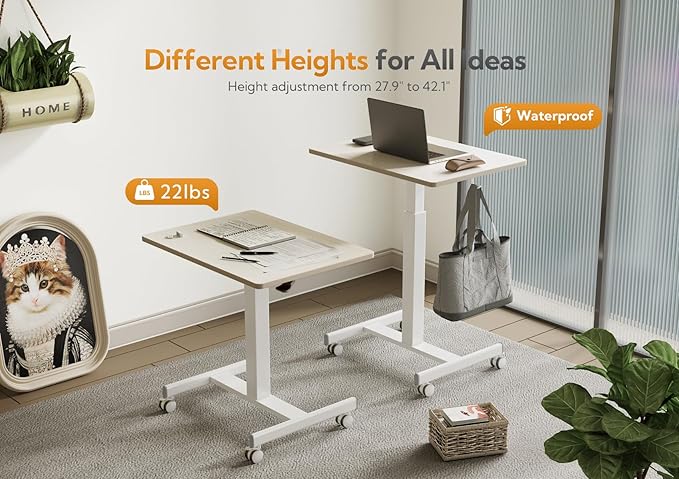 Claiks Mobile Standing Desk, Small Rolling Standing Desk with Wheels, Pneumatic Mobile Desks Workstation with Hook, Natural