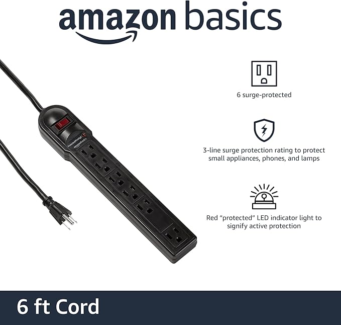 Amazon Basics Surge Protector Power Strip, 6-Outlet, 790 Joules, Circuit Breaker, LED Indicator Light, 6ft Extension Cord, Black