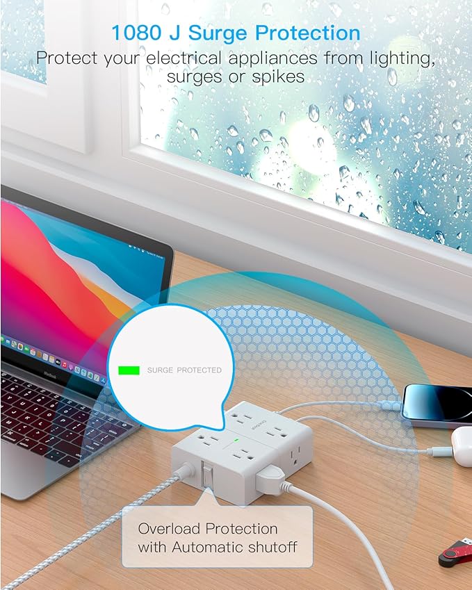 Surge Protector Power Strip 20 Ft Cord, Ultra Thin Flat Extension Cord with 8 Outlets 4 USB Ports(2 USB C), Flat Plug Power Strip, 20 Ft Long Braided Power Cord for Home, Office, Dorm Room Essentials