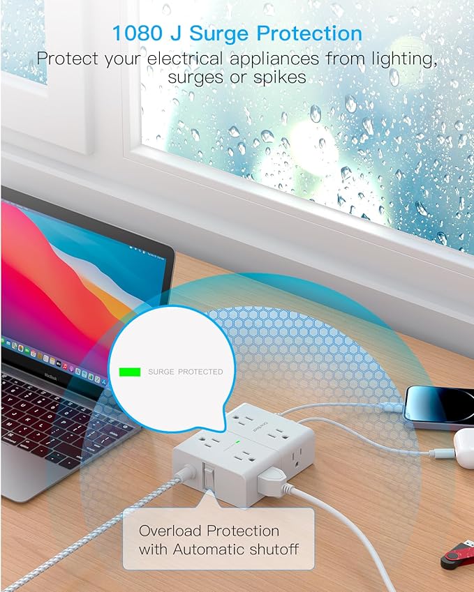 Surge Protector Power Strip 6 Ft Cord, Flat Extension Cord with 8 Outlets 4 USB Ports(2 USB C), 1080 J, Wall Plug Outlet Extender, Flat Plug Power Strip for Home Office Dorm Room Essentials
