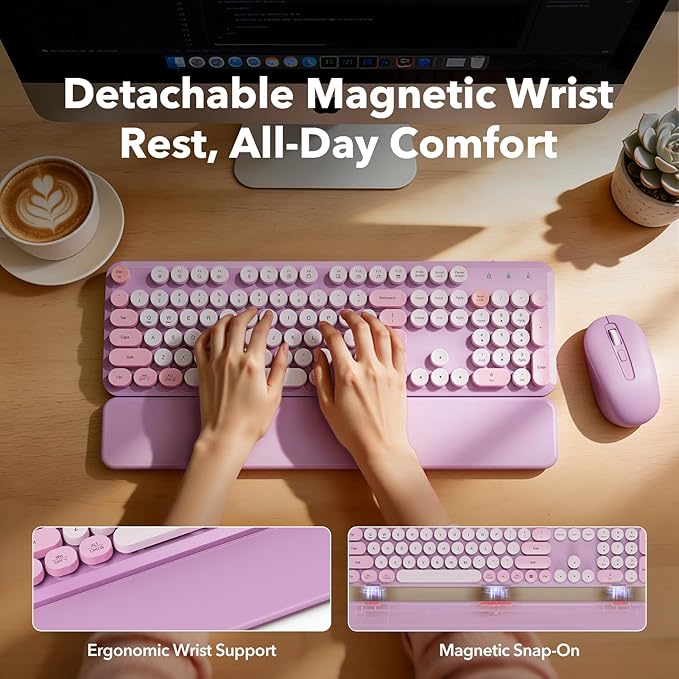 Wireless Keyboard and Mouse Combo with Detachable Magnetic Wrist Rest, Retro Typewriter-Style Keyboard, Round Keycap, Adjustable Legs, 3-Level DPI Mouse, 2.4GHz for Windows PC/Laptop (Lavender Purple)