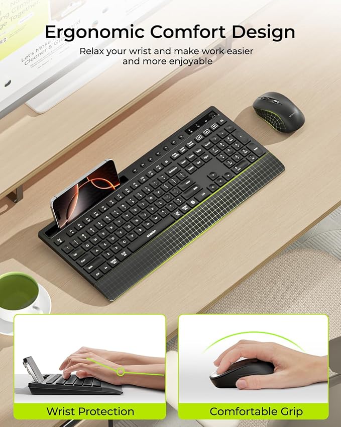 seenda Bluetooth Keyboard and Mouse Combo, Multi-Device Ergonomic Keyboard Mouse with Phone Holder, Full Size Wireless Quiet Combo Compatible for Windows, Laptop, MacBook, PC, iPad - Black