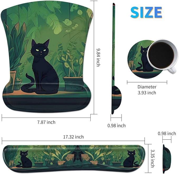 Ergonomic Mouse Pad with Wrist Support Gel Mousepads and Upgrade Keyboard Wrist Rest Pad Set, Coasters Non-Slip PU Base Mouse Mat for Office Gaming Computer Laptop Home, Black Cat Leaf
