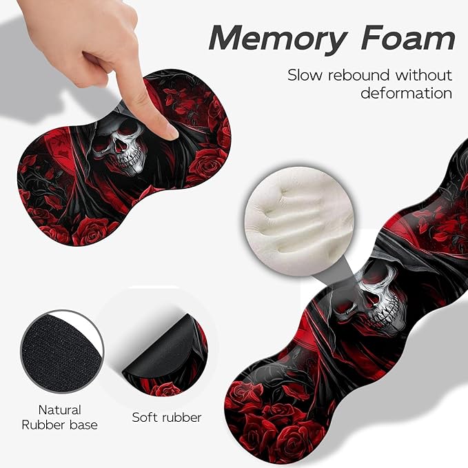 Gaming Mouse Pad Set, Red Rose Skull Large Desk Mat Mousepad, Keyboard Wrist Support, Mouse Wrist Rest, Coaster 4in1 Ergonomic Memory Foam, Non-Slip Stitched Edge for Home Office