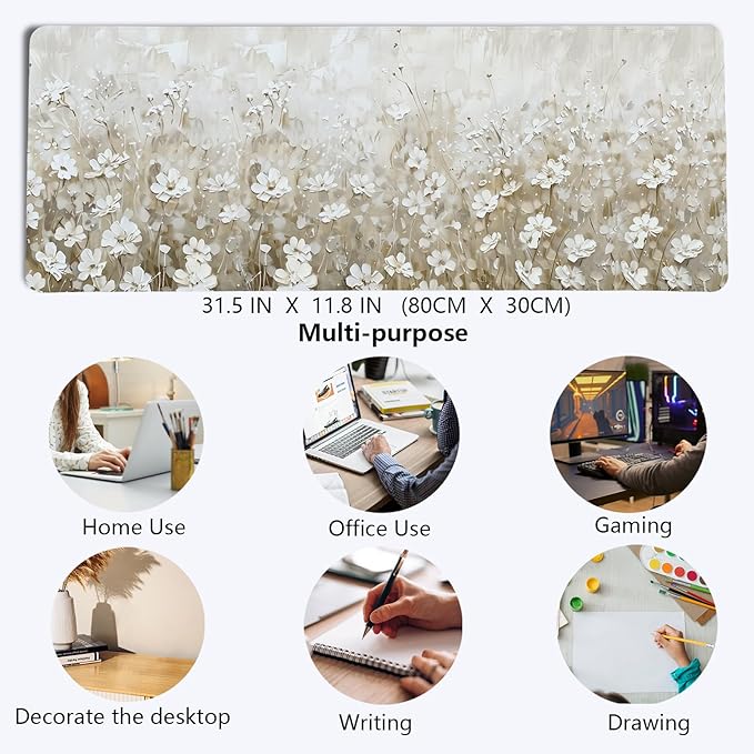 Beige Spring Floral Mouse Pad,Summer Wildflower Aesthetic Mouse Pads,Cottagecore Flower Desk Mat,Cream Floral Botanical Mousepad for Home Office Dorm Desktop Decor,31.5x11.8 Inch