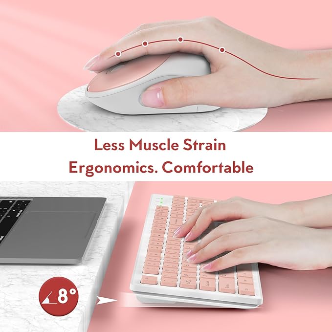 Trueque Wireless Keyboard and Mouse Combo - Full-Size Quiet Keyboard with Palm Rest, Phone Holder, Multimedia Keys, Power Switch, Batteries Included, Compatible with Windows, PC, Laptop (Pink & White)