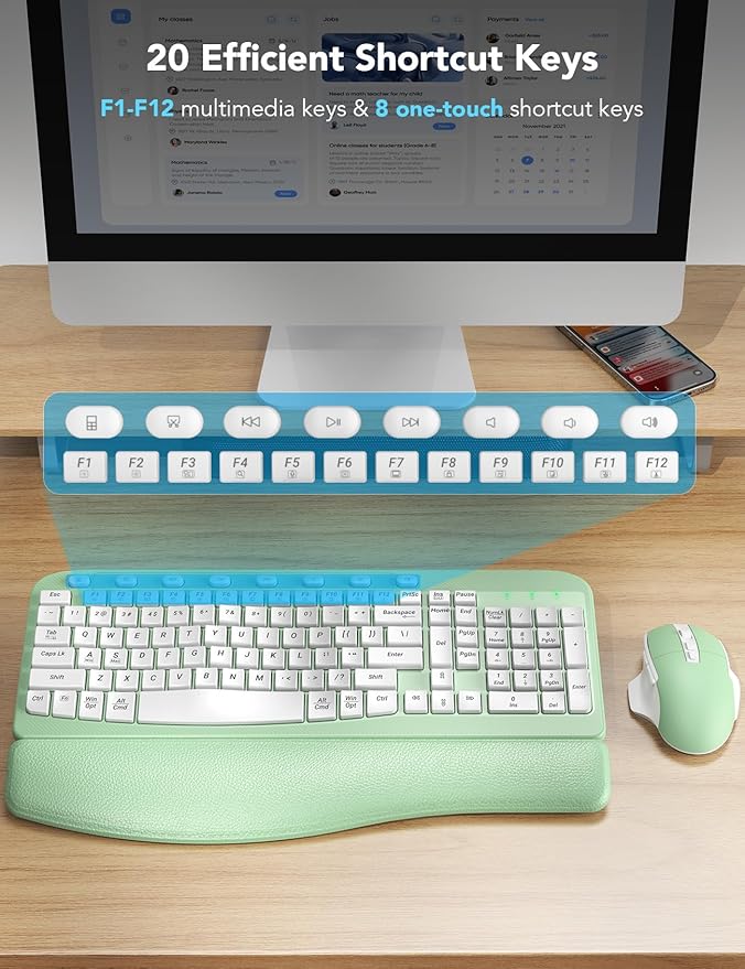 SABLUTE Wireless Keyboard and Mouse Combo, Ergonomic Wave Keys, Cushioned Plam Rest, Comfortable Silent Natural Typing, 2.4G Lag-Free, MA12 Full Size Keyboards Set for Multi-OS, Windows/Mac, Green