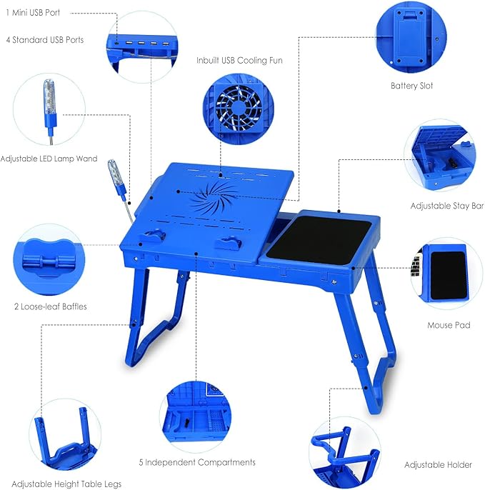 Foldable Laptop Table with Cooling Fan, LED Light, 4 x USB Ports, Mouse Pad & Storage Groove for Laptop Use in Home Office