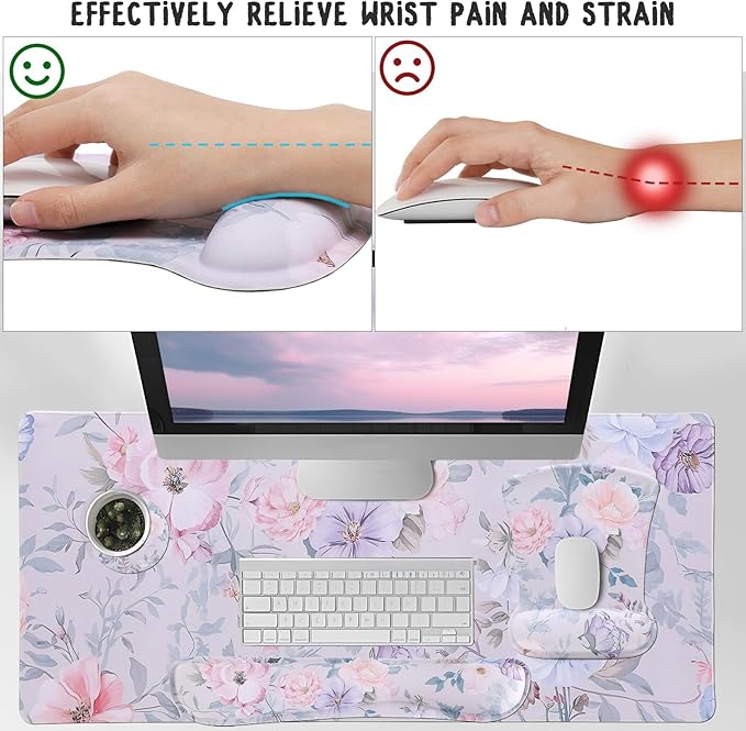 MEGREZ 4-in-1 Ergonomic Memory Foam Wrist Rest Set, Desk Pad, Mouse Pad with Wrist Rest, Keyboard Pad, Suitable for Office Workers, Programmers & Gamers–Relieve Typing & Gaming Fatigue, Color Flower