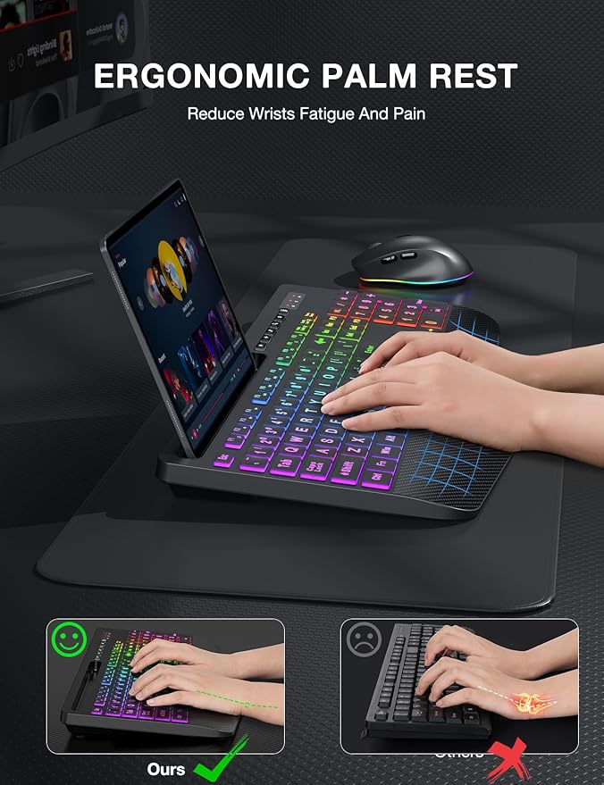 SABLUTE Wireless Keyboard and Mouse Combo, 9 Backlit Effects, Large Print, Wrist Rest, Phone Holder, 2.4G Lag-Free Ergonomic Keyboards, KM22 MAX Rechargeable Easy to See Set for Computer, Laptop, PC
