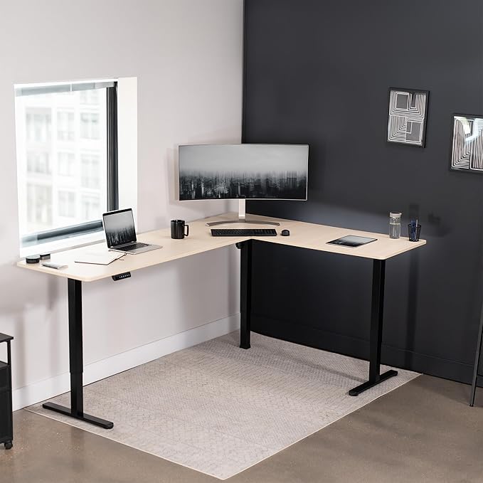 VIVO Corner Standing Desk, 84 x 63 inch Reversible L-Shaped Workstation, Electric Height Adjustment, Home, Office, and Reception Rooms, Light Wood Table Top Black Frame, DESK-E3CTBC-84