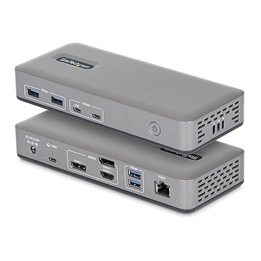 StarTech.com USB-C Docking Station Triple 4K 60Hz Displays, 100W Power Delivery, 6 USB Ports (10Gbps), Gigabit Ethernet, DisplayPort + HDMI, Driverless Windows Laptop Dock (199N-USBC-DOCK)
