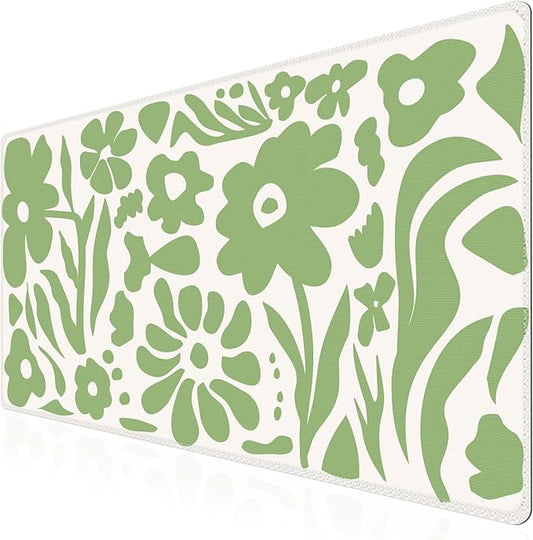 iCasso Desk Mat, XXL Large Anti-Slip Mouse Pad with Stitched Edges, Keyboard Mat for Work, Gaming (Green Flowers)