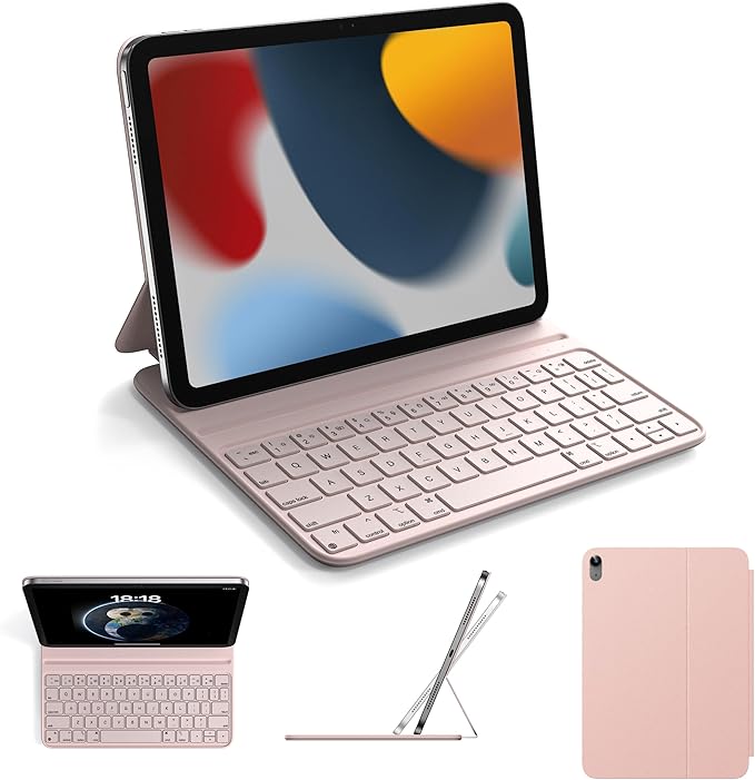 HOU Slim Bluetooth Keyboard Case for 2025 11th-Gen iPad (A16) & 2022 10th-Gen iPad, Smart Folio, Magnetic Stand with 2 Ergonomic Tilt Angles, Recyclable Synthetic Leather, Long-Life Battery, Pink