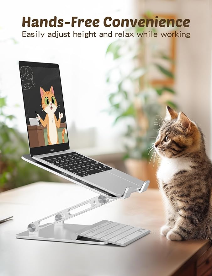 Laptop Stand for Desk – Adjustable Aluminum Laptop Riser with Unique Cat-Shaped Cooling Vent, Portable Desk Gift & Decor, Compatible with MacBook Air Pro, Dell, HP, Lenovo (10"-17.3"), Silver