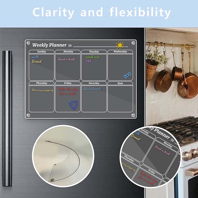 Weekly Magnetic Calendar for Fridge, Clear Dry Erase Board Calendar with 8 Markers, 16.5"x11.7"